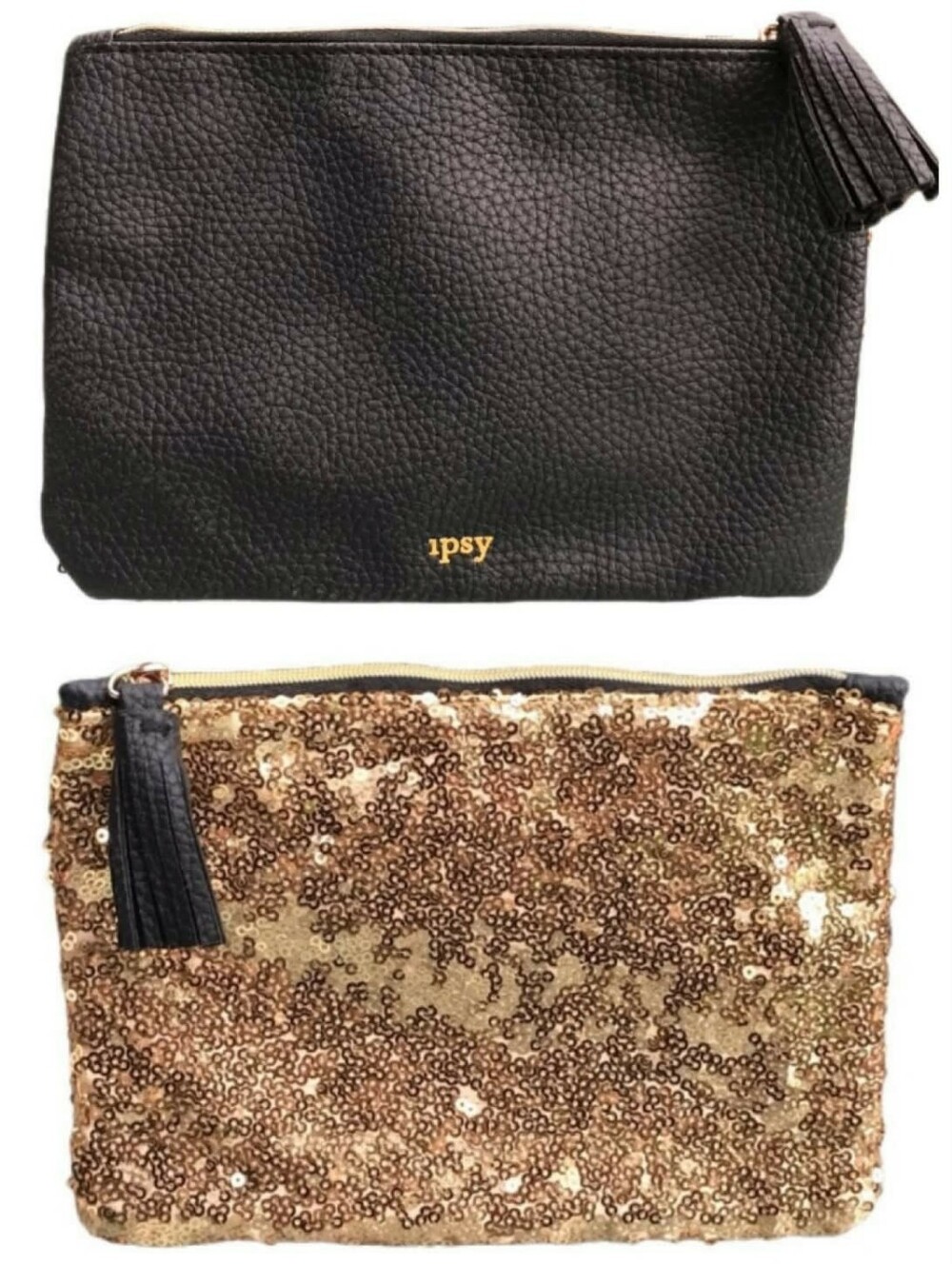 🔴 3/$15! Black & Gold Sequin Textured Makeup Bag with Tassel Ipsy Glam Bag NEW